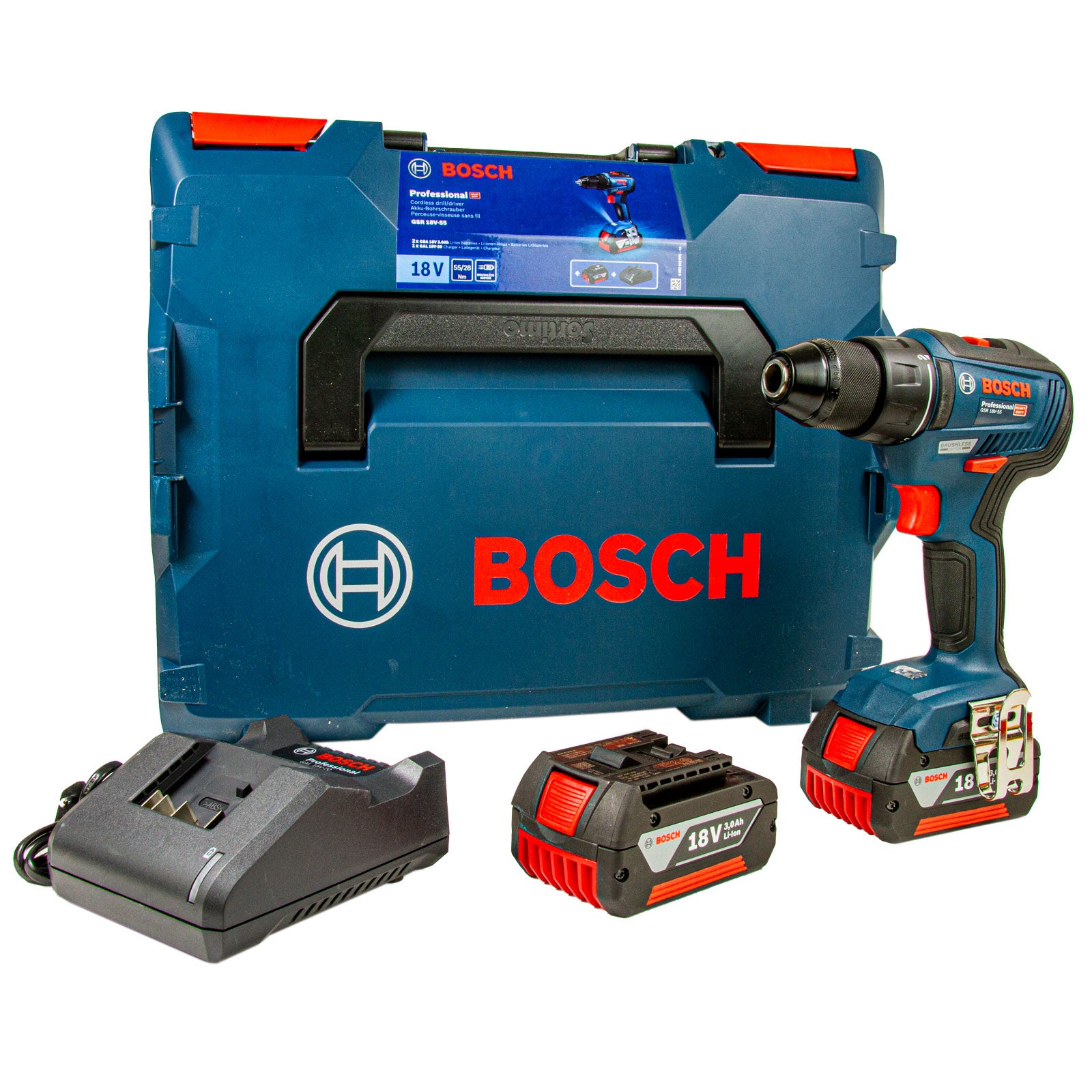 Bosch Professional GSR 18V-55 Akku-Bohrschrauber, 2 x 3.0 Ah Akku, Ladegerät  GAL 18V-20, L-BOXX 136