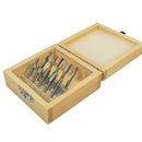 10-tlg. HSS-Holz-Profilfräserset im Holzkasten (Nut- Hohlkehl-, V-Nut-, Nutkantenform-, Viertelstab-, Falzenform-, Winkel- und Kantenfräser mit Ansatz)