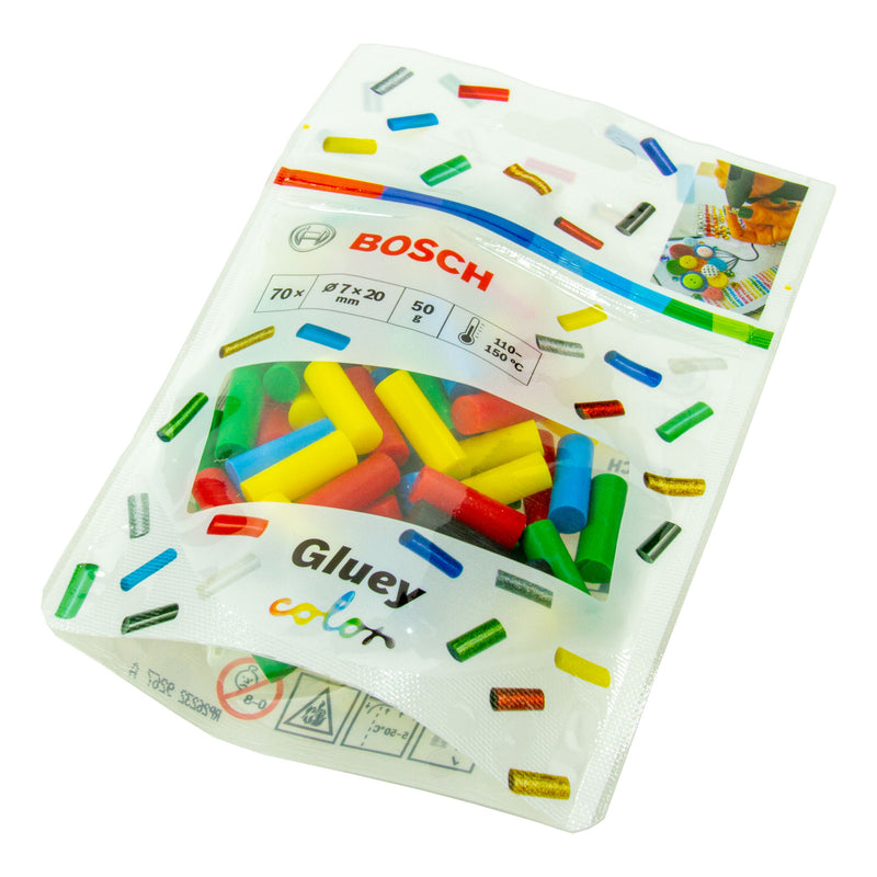Gluey Klebesticks 7 x 20 mm (70 Stück, Transparent / Bunt / Glitter / Pop-Mix, Mini Sticks für Heißklebepistole, Heißklebestift)