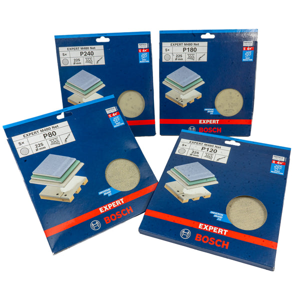 EXPERT M480 Schleifnetz Ø 225 mm für Trockenbauschleifer, P80 - P240 (5er Pack, für Gipskartonplatten, Holz, Plastik)