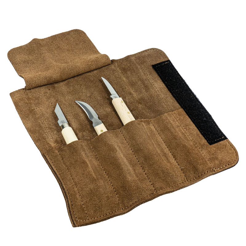 Schnitzmessersatz 3-tlg. in Veloursleder-Rolltasche (Enthält: Kerbschnitzmesser mit Weißbuchenheft 3353000, 3356000, 3358000)