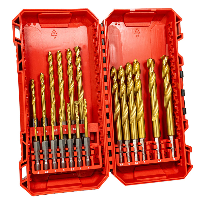 Metallbohrer Shockwave HSS-G Red Hex TiN Set (19-tlg. mit Ø 2,0 - 10,0 mm Steigung 0,5 mm 1/4" Spiralbohrer Schlagfest)