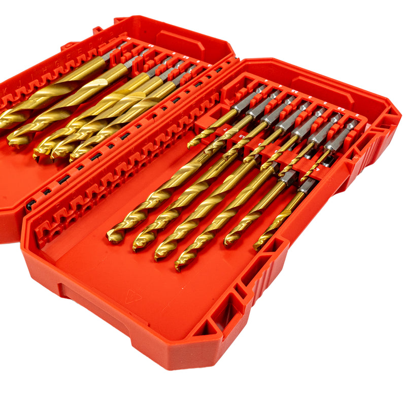 Metallbohrer Shockwave HSS-G Red Hex TiN Set (19-tlg. mit Ø 2,0 - 10,0 mm Steigung 0,5 mm 1/4" Spiralbohrer Schlagfest)