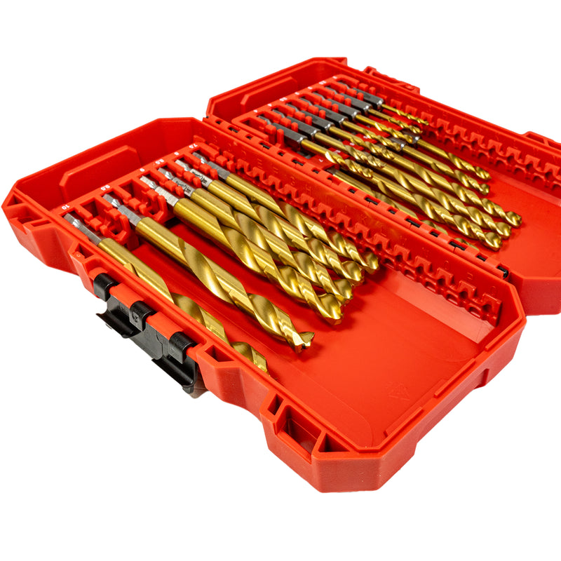 Metallbohrer Shockwave HSS-G Red Hex TiN Set (19-tlg. mit Ø 2,0 - 10,0 mm Steigung 0,5 mm 1/4" Spiralbohrer Schlagfest)