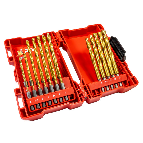 RED HEX Metallbohrer Set HSS-G TIN Shockwave (19-tlg., Ø 2.0 - 10.0 mm, 1/4" Sechskant Aufnahme, Optimiert für Schlagschrauber)