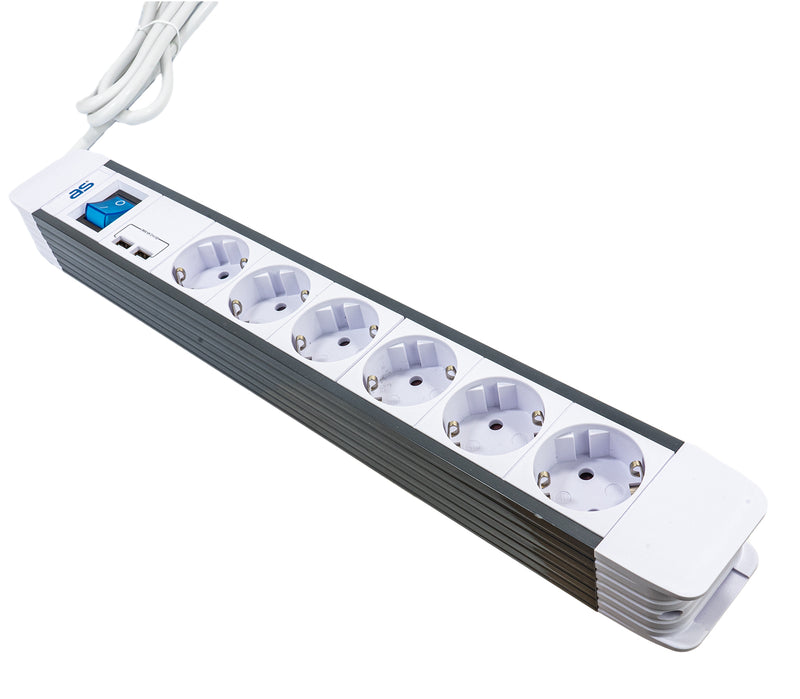 6-fach Steckdosenleiste FLASH mit 2 USB Ports 5 V / 2400 mA (Schalter & erhöhtem Berührungsschutz, 1.5 m Kabel, Schutzkontaktstecker, weiß)
