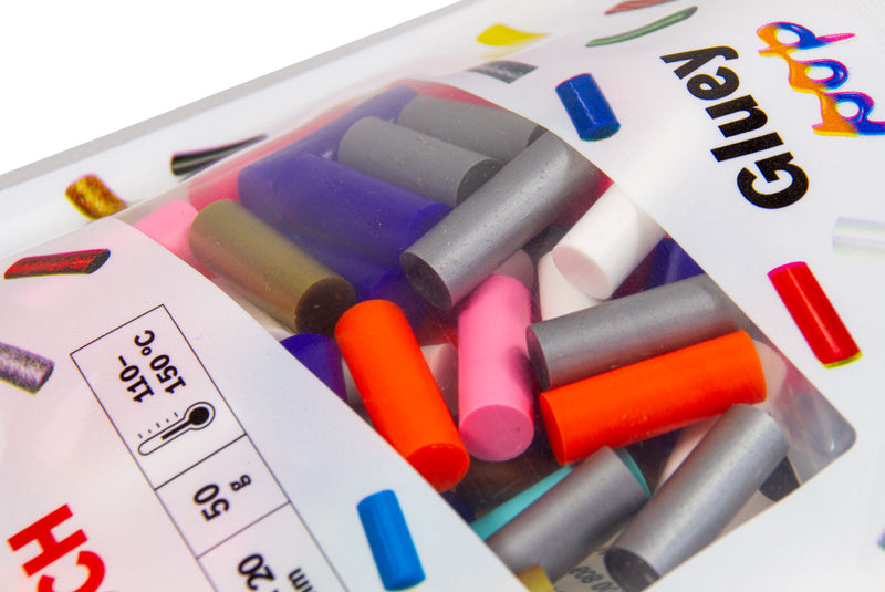 Gluey Klebesticks 7 x 20 mm (70 Stück, Transparent / Bunt / Glitter / Pop-Mix, Mini Sticks für Heißklebepistole, Heißklebestift)