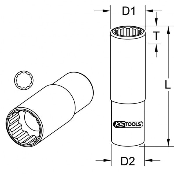 3/8" Spezial-Zündkerzen-Stecknuss SW 14 mm (12-kant, Zündkerzenschlüssel, extrem dünnwandig, Einsatz, CV Nuss lang)