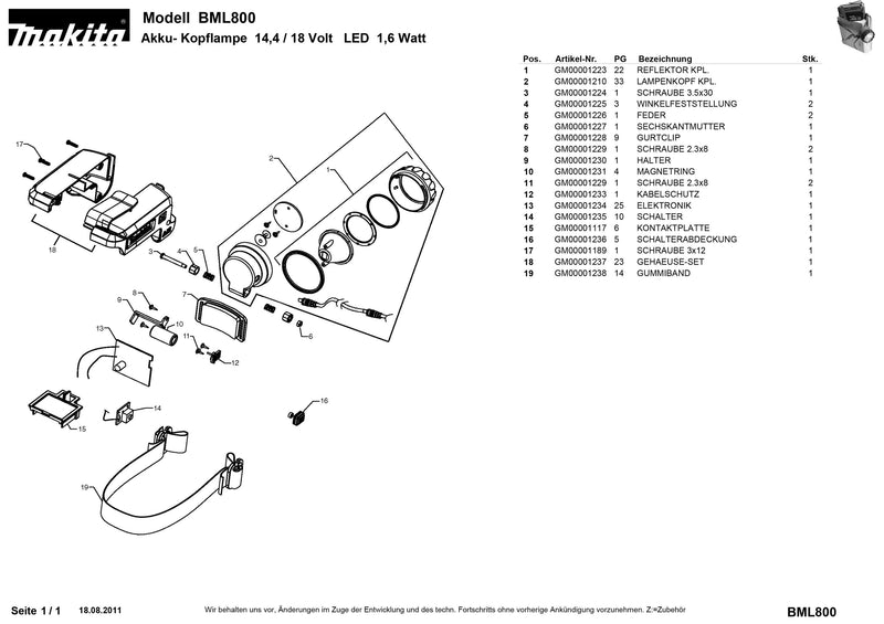 BML800 Ersatzteile | Akku-Kopflampe 14,4 V / 18 V | Ersatzteilliste
