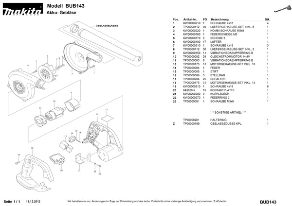 BUB143 Ersatzteile | Akku-Gebläse 14,4 V | Ersatzteilliste
