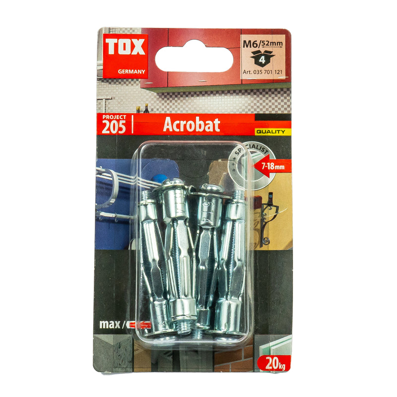 Acrobat Metall-Hohlraumdübel (M4 - M8, Länge bis 68 mm, verzinkt, für Befestigungen in Gipskartonplatten, 4 Stück)
