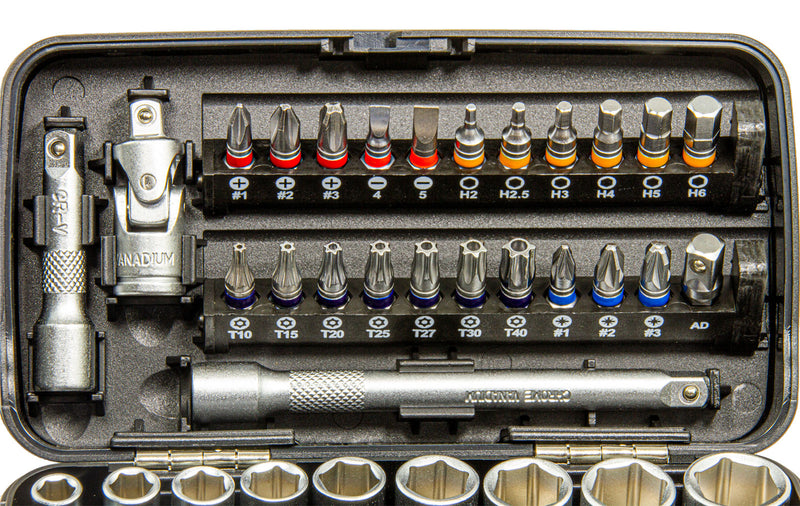 1/4" Mini-Steckschlüssel- & Bit-Box 38-tlg., mit Knarre 48 Zahn & Handgriff