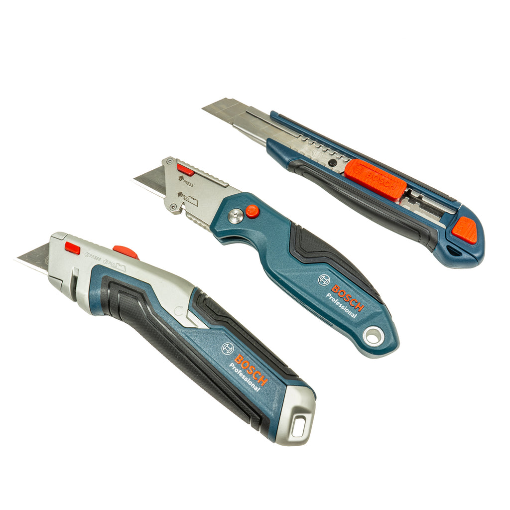 Bosch Professional Messer Set mit Universal Messer, Klappmesser,  Cuttermesser inkl. Ersatzklingen