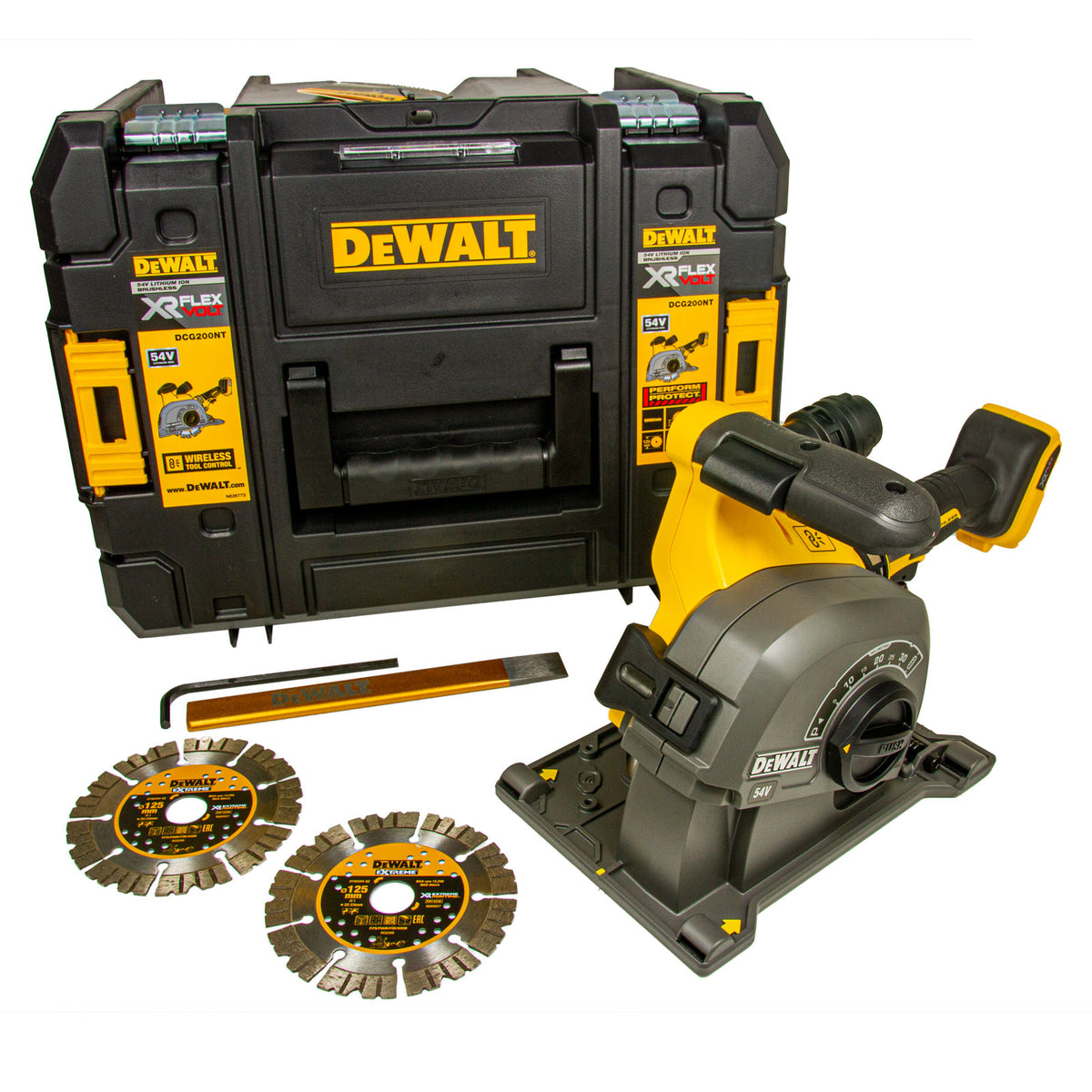 DeWalt DCG200NT Akku-Mauernutfräse, 125 mm, 54 Volt XR Flexvolt, inkl. 2 Trennscheiben, T-STAK Box VI DeWalt DCG200NT Akku-Mauernutfräse, 125 mm, 54 Volt XR Flexvolt, inkl. 2 Trennscheiben, T-STAK Box VI